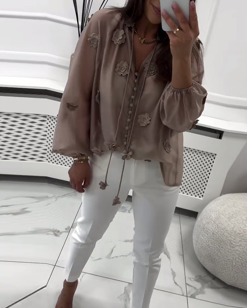 Solid Color 3D Floral Lace-Up Blouse