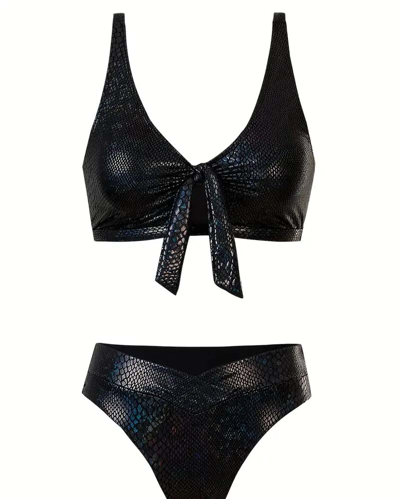 Sexy Snake Print Mid Waist  Lace-Up Bikini