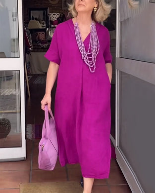 V-Neck Solid Color Simple Long Dress