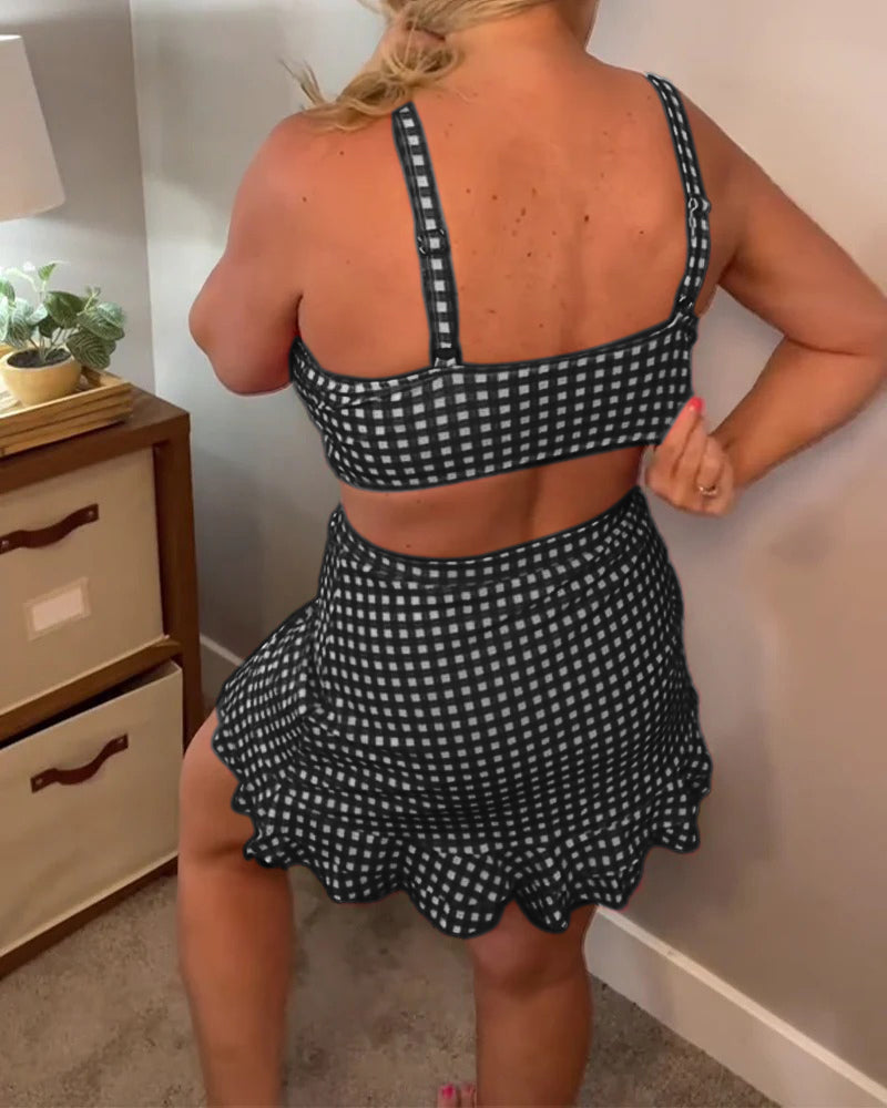 Aumora Casual Strap Plaid Print Two-Piece Swimsuit