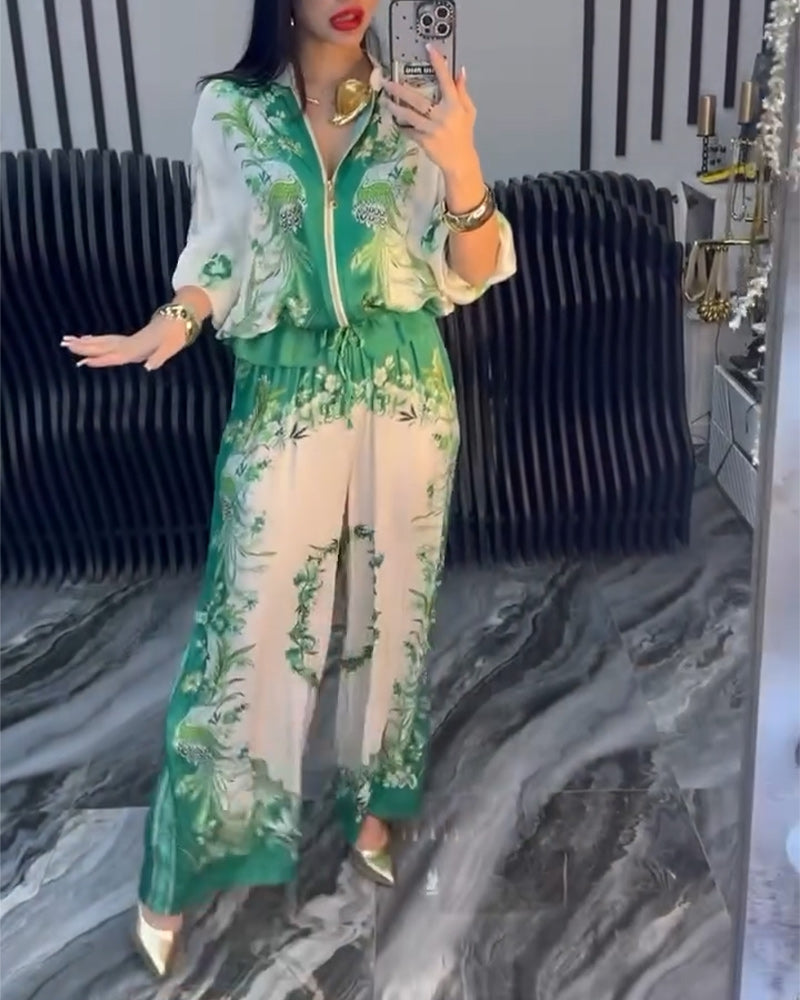 Temperament Stand Collar Zipper Wide Leg Suit