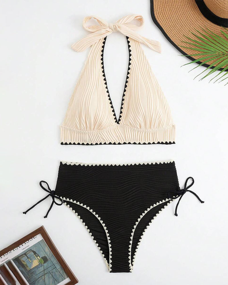Halter Neck Contrast Color Bikini Two-Piece Set
