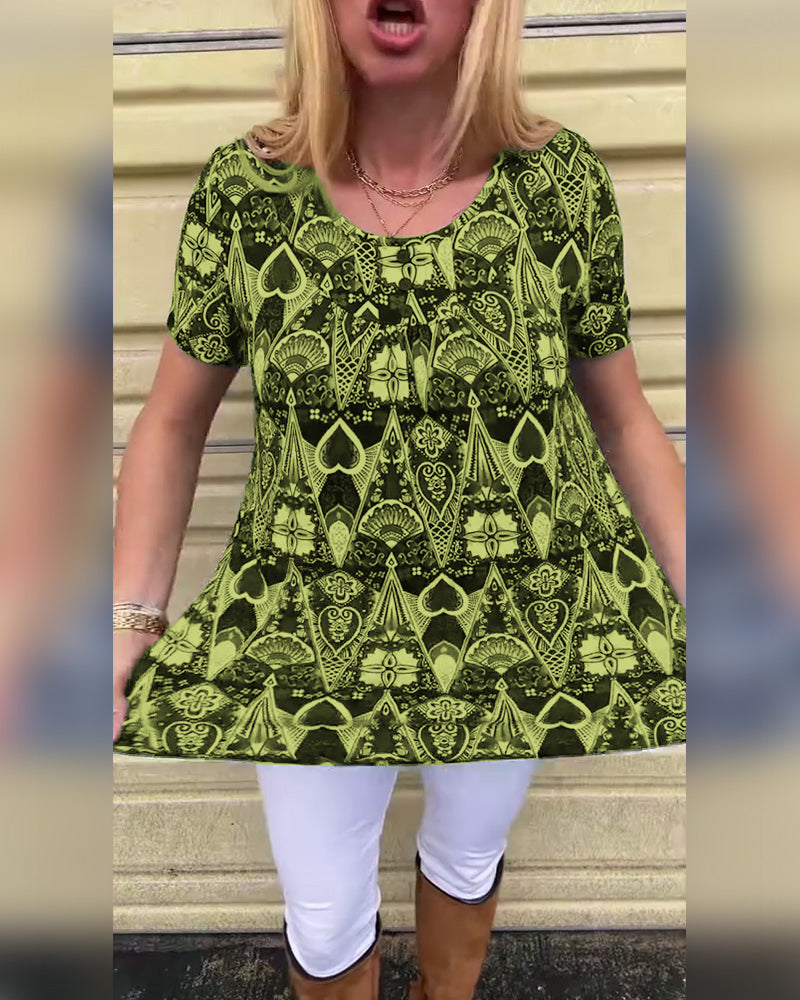 Casual Retro Crew Neck Printed T-Shirt