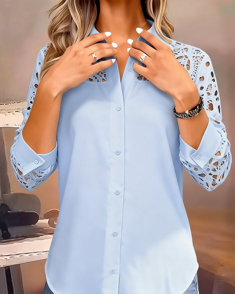 Solid Color Lapel Lace Patchwork Blouse