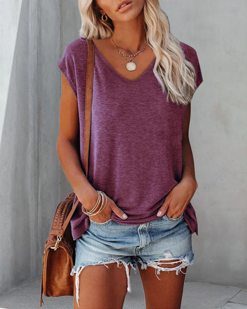 Short Sleeve V Neck Solid Color Vest