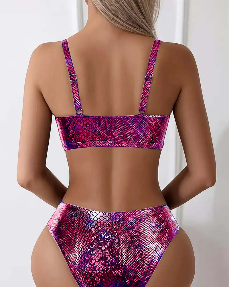 Sexy Snake Print Mid Waist  Lace-Up Bikini