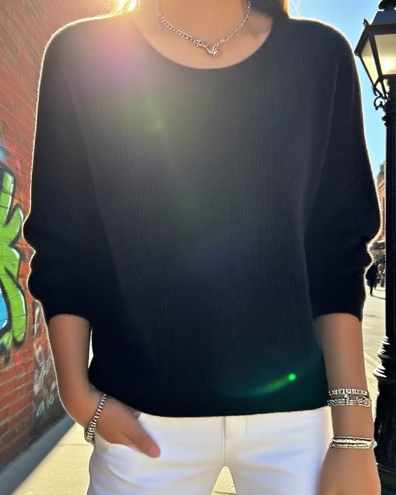Solid Round Neck Drop Shoulder Sweater