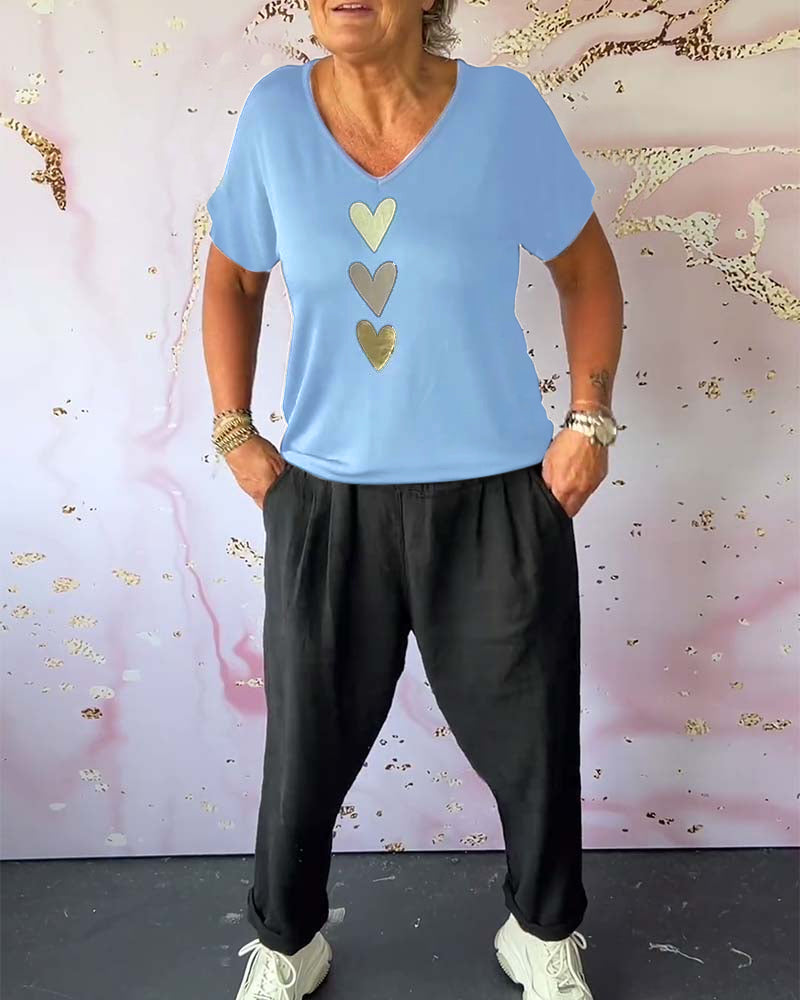 V-neck short-sleeved heart blouse