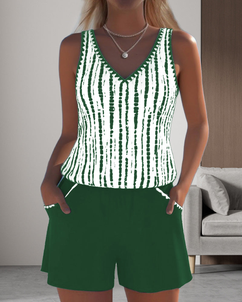 Casual Pocket V-Neck Printed Two-Piece Swimsuit