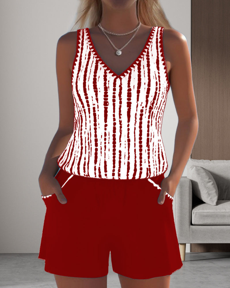 Casual Pocket V-Neck Printed Two-Piece Swimsuit