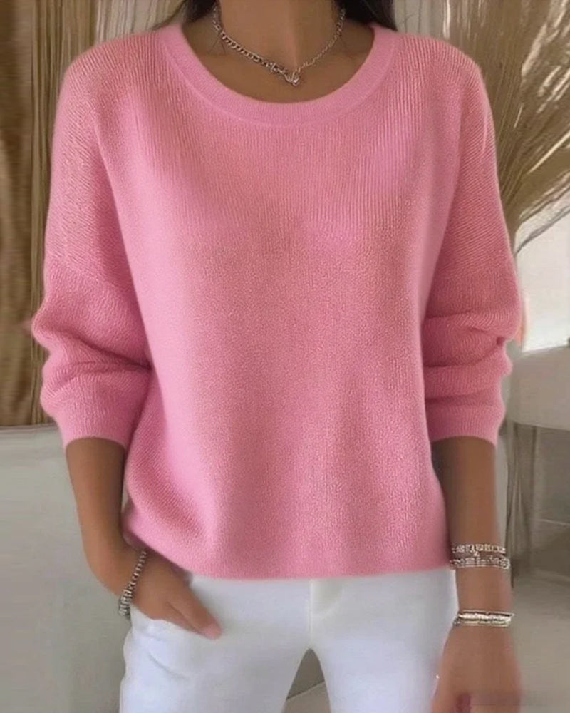 Solid Round Neck Drop Shoulder Sweater