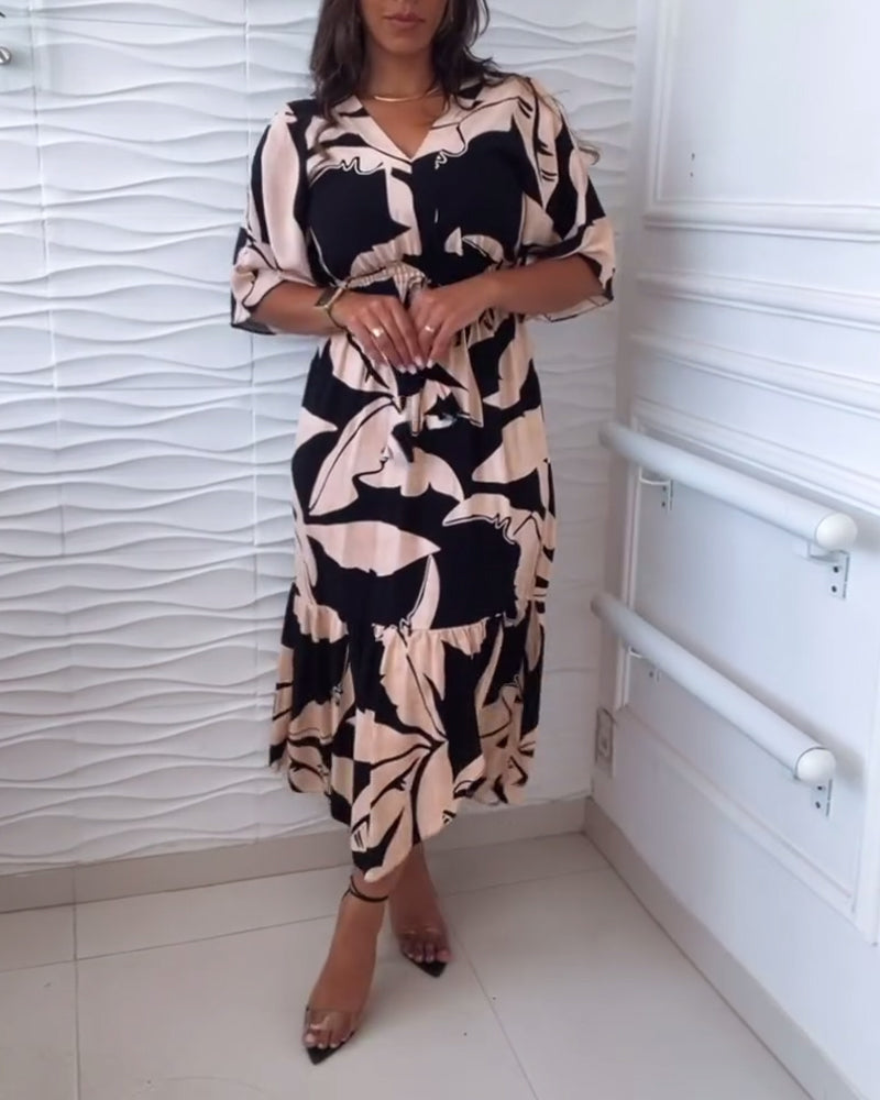 V-neck three-quarter sleeve drawstring elegant dress