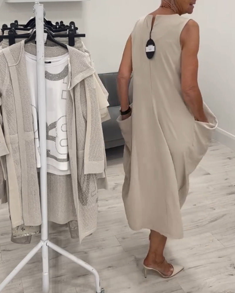 Fashionable sleeveless pocket patchwork dress