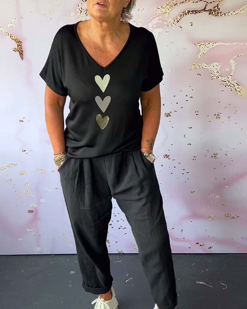 V-neck short-sleeved heart blouse