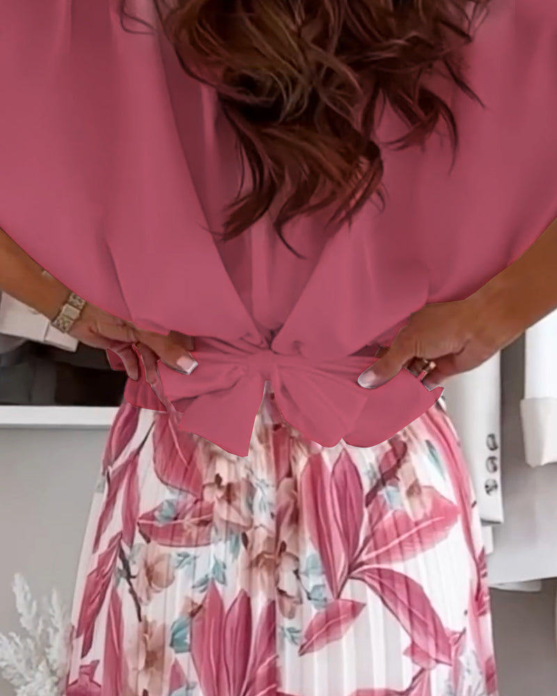 Solid Color Waist Tie Short Sleeve Blouse