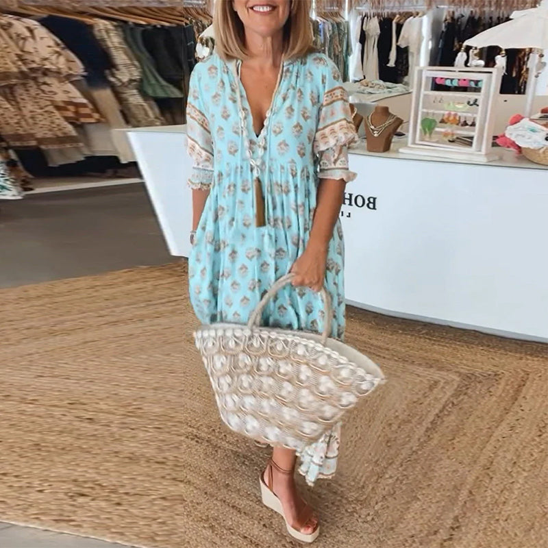 V-Neck Floral Print Pocket Half Sleeve Dress