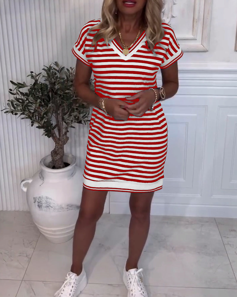 V-Neck Contrast Striped Dress