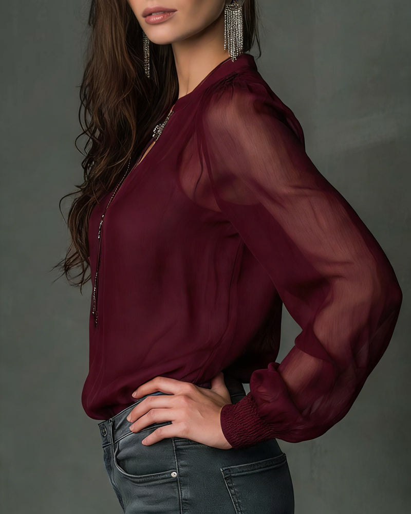 Half-Zip Mesh Long-Sleeve Blouse