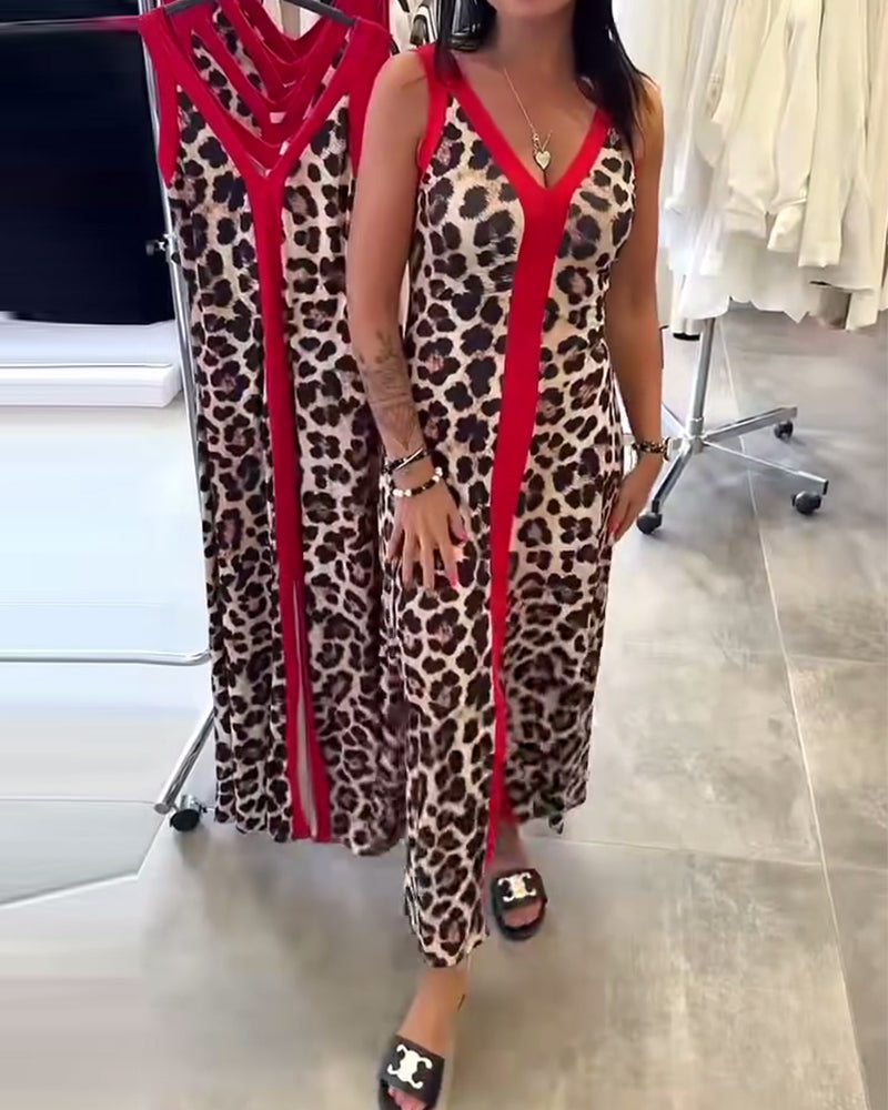 Sleeveless Elegant Leopard Print Contrast Dress