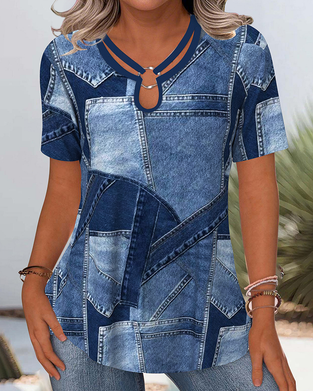 Vintage Denim Contrast Hollow Blouse