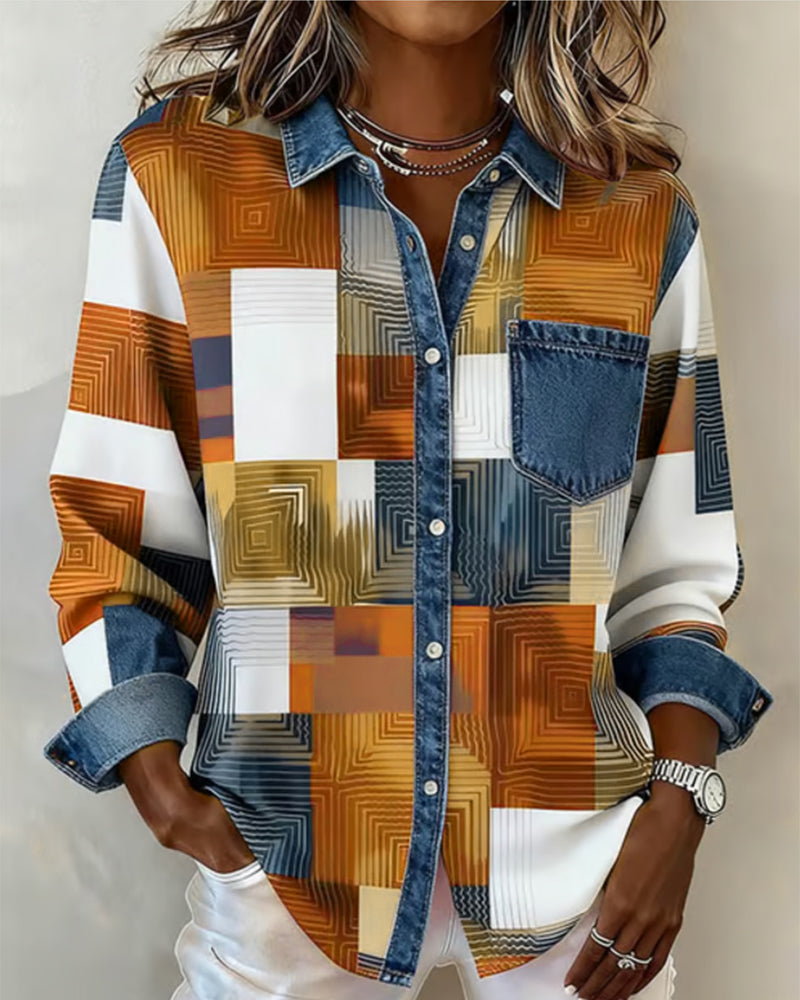 Color Block Fashionable Lapel Shirt