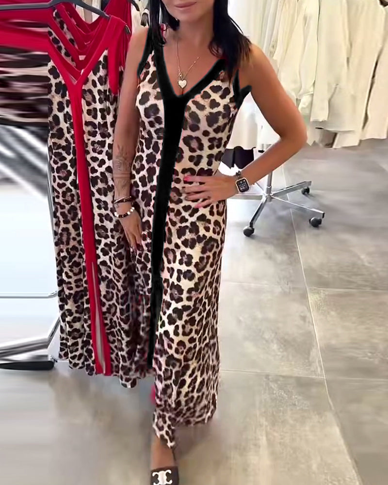 Sleeveless Elegant Leopard Print Contrast Dress