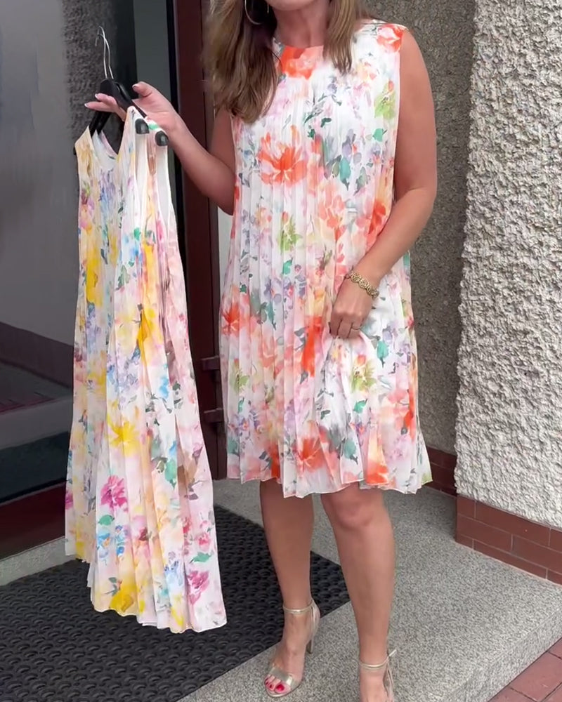 Sleeveless Pleated Floral Dress