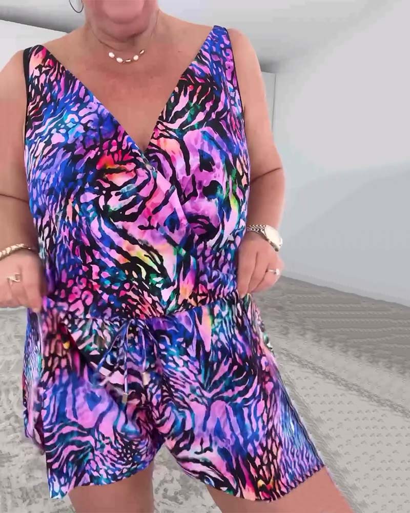 V-Neck Colorful Print One-Piece Swimsuit