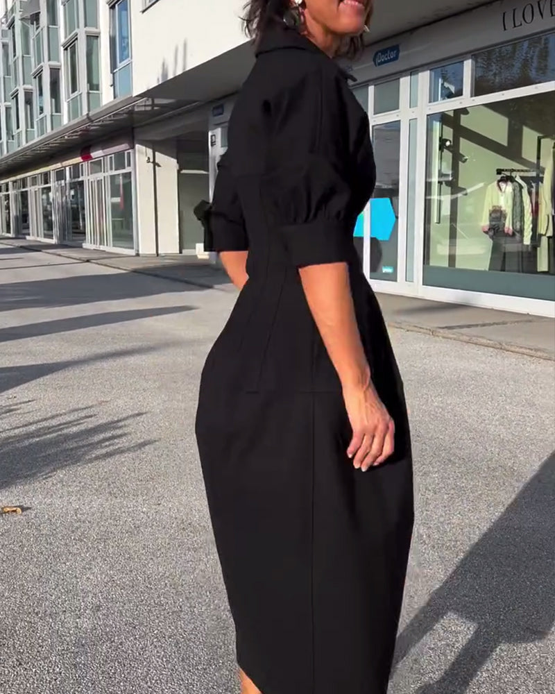 Lapel solid color casual dress