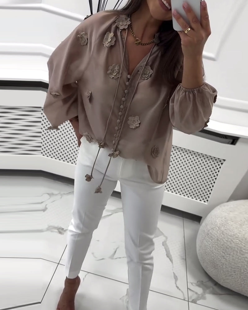 Solid Color 3D Floral Lace-Up Blouse