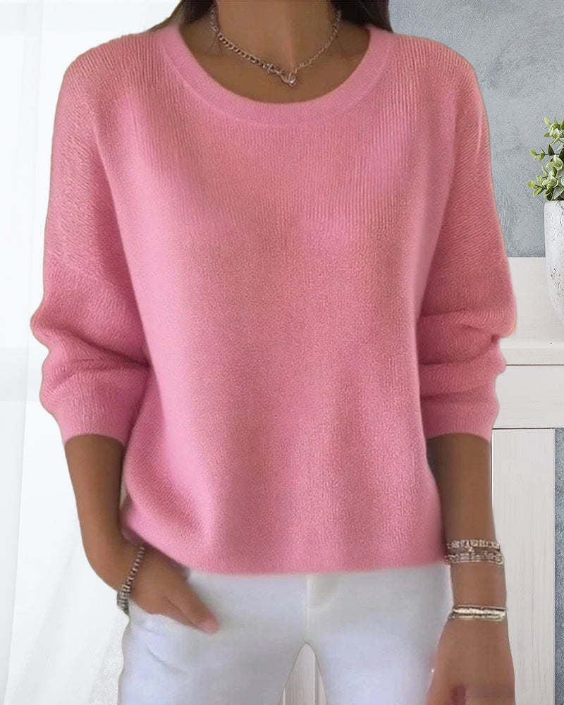Solid Round Neck Drop Shoulder Sweater