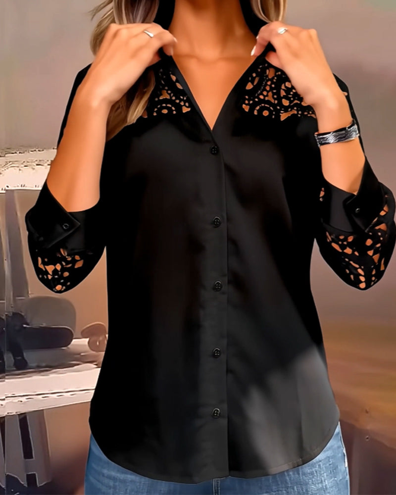 Solid Color Lapel Lace Patchwork Blouse