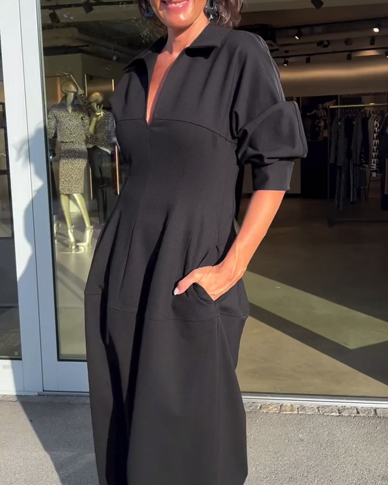 Lapel solid color casual dress