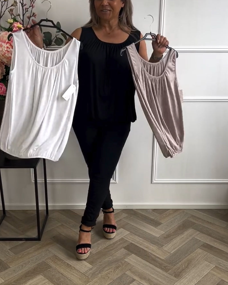 Sleeveless Solid Color Pleated Tank Top