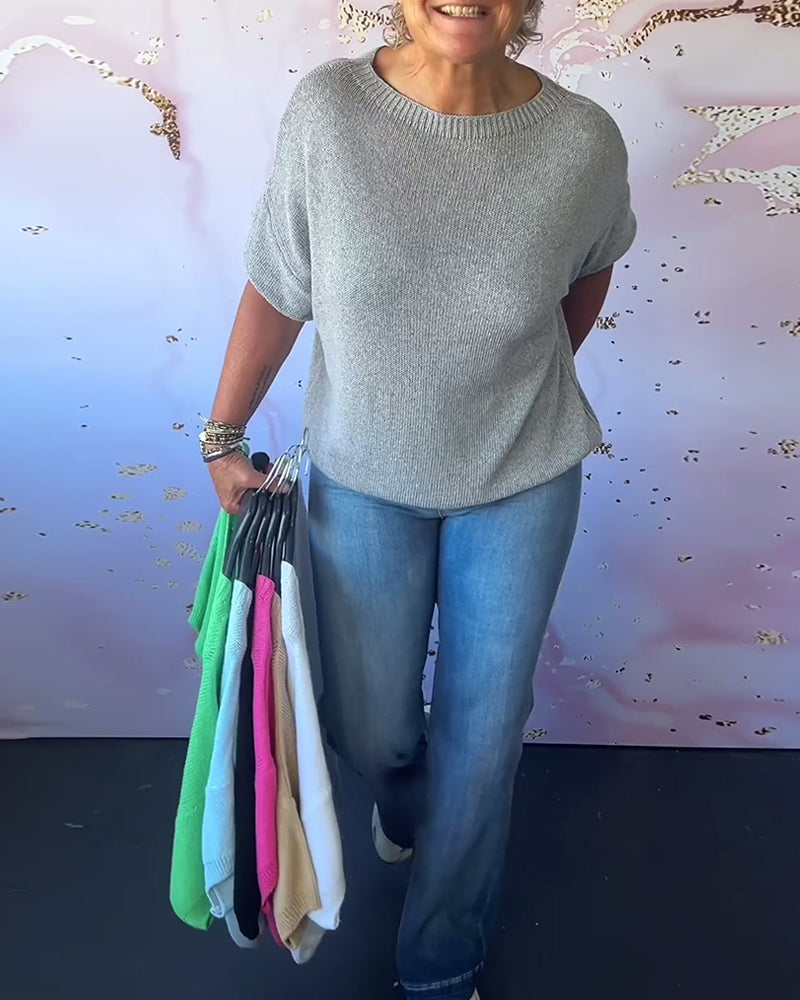 Casual loose solid color round neck pullover