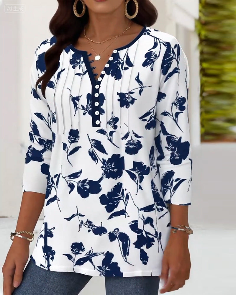 Button Print Fashion Blouse