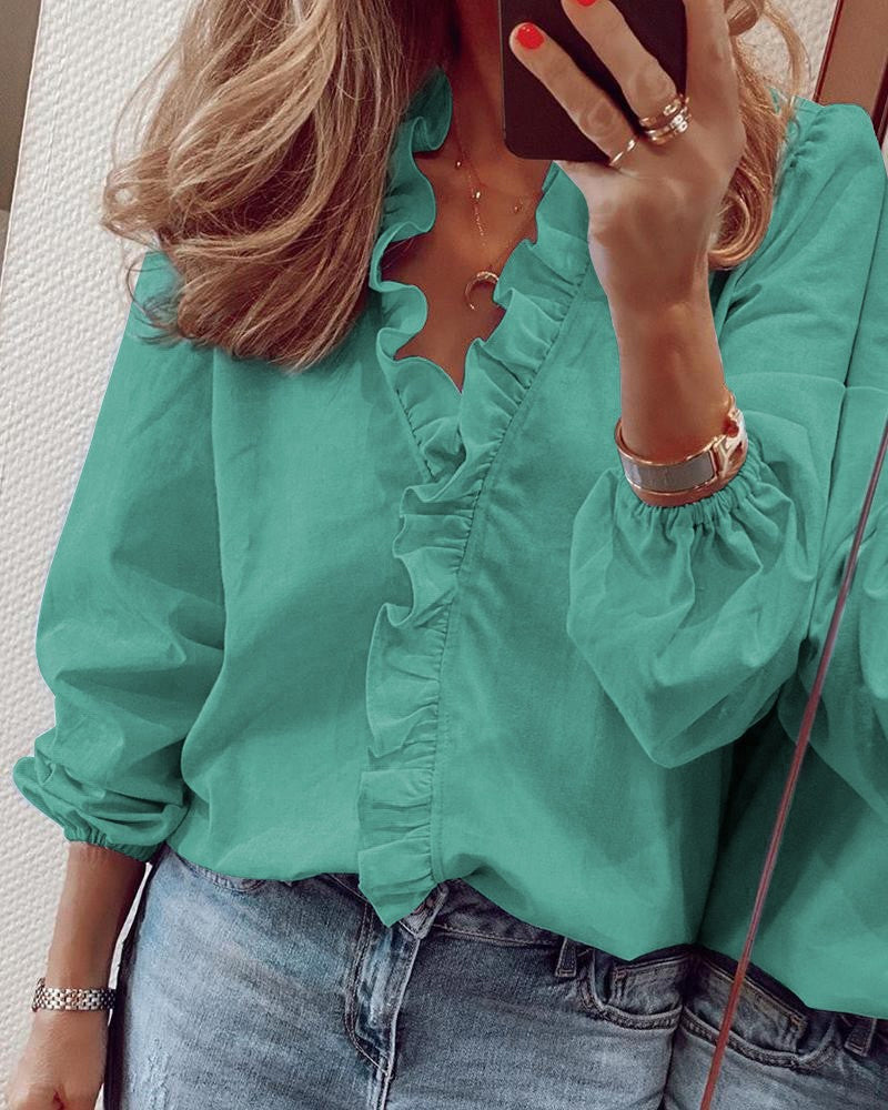 Solid Color Ruffle Blouse