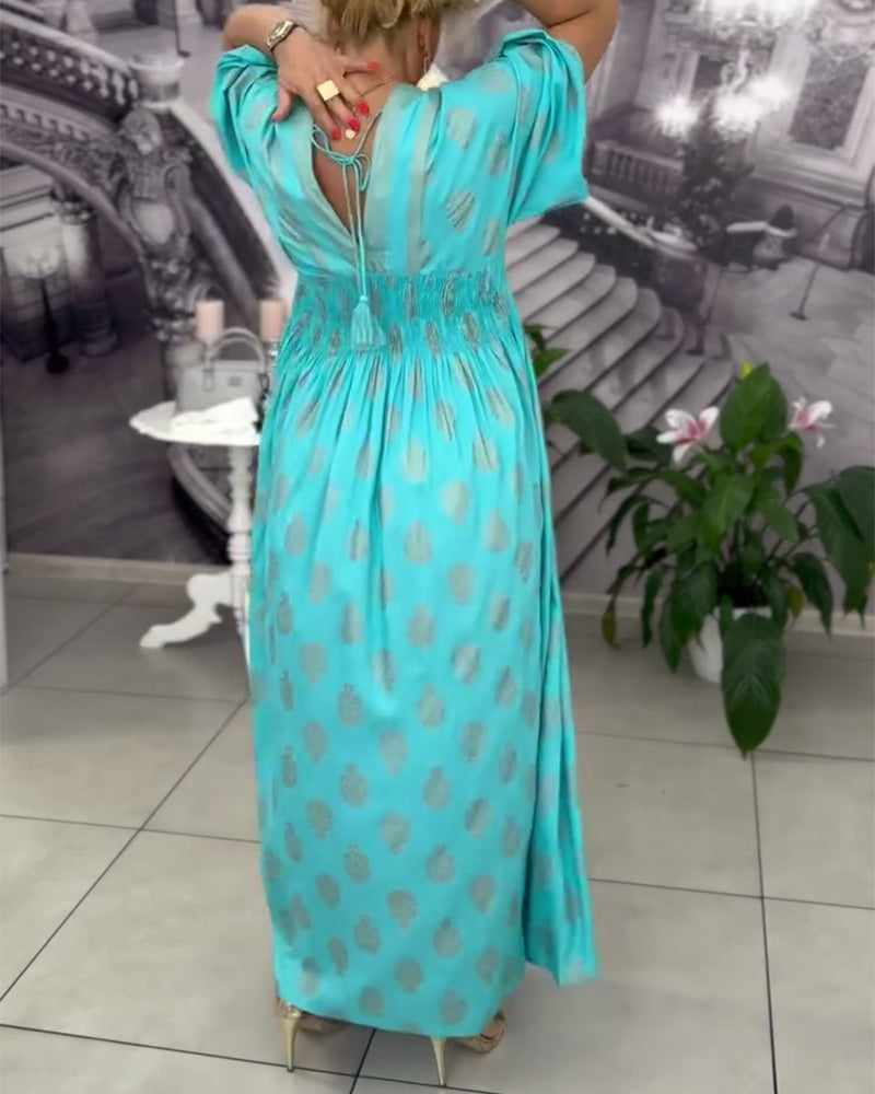 Loose Holiday Print Waist Maxi Dress