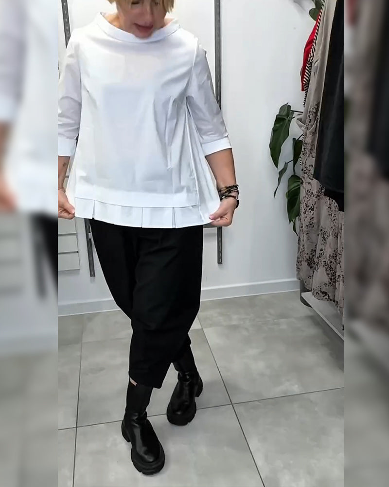 100% Cotton Wide-Collar Solid Color Casual Blouse