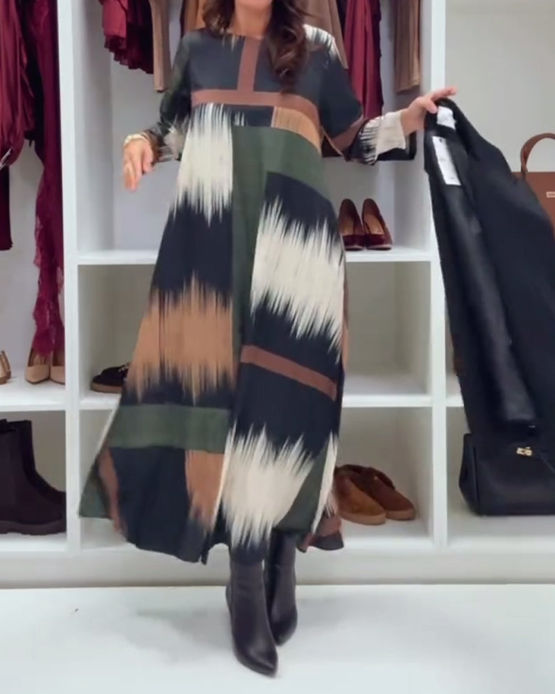 Fashion Printed Round Neck Long Sleeve Dress