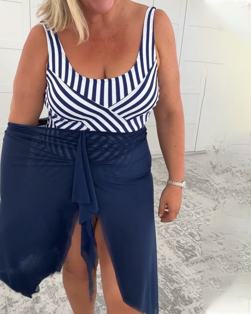 U-Neck Striped One-Piece Swimwear Set