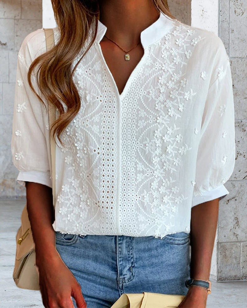 Solid color v-neck short-sleeved blouse