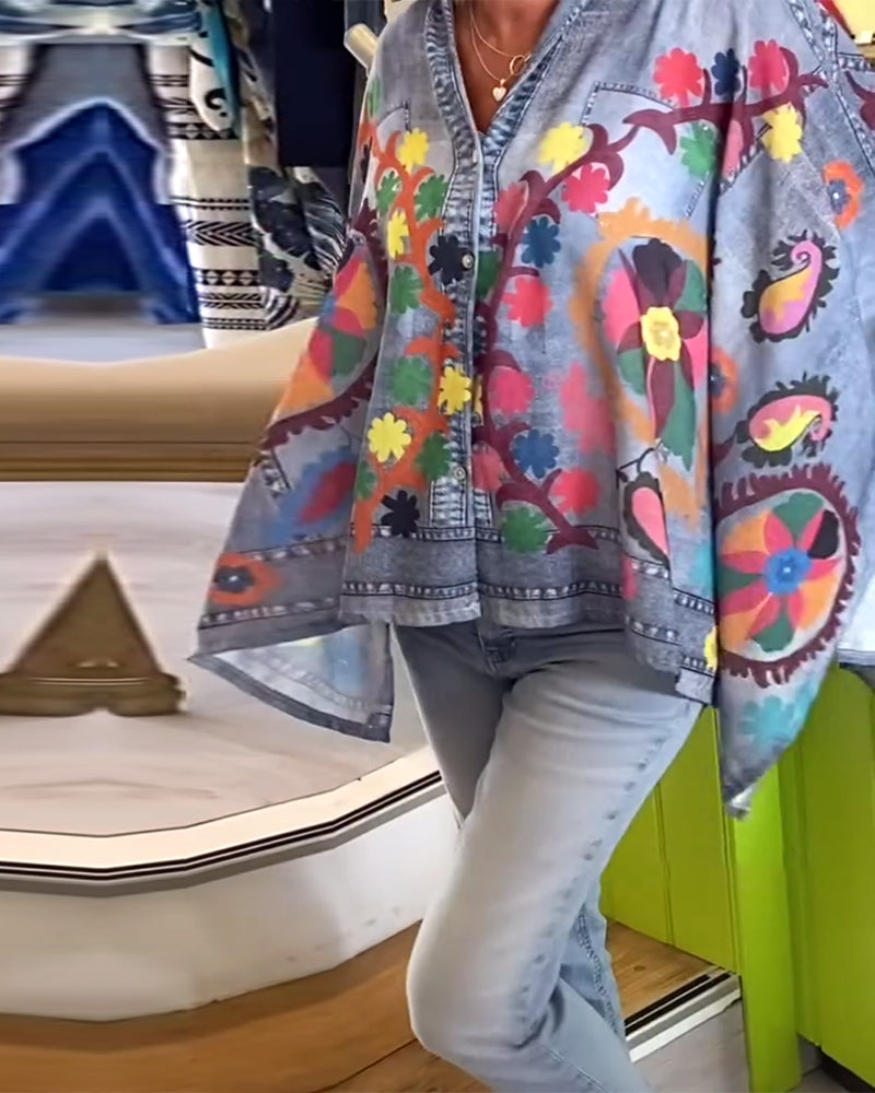 Fake Denim Irregular Print Blouse