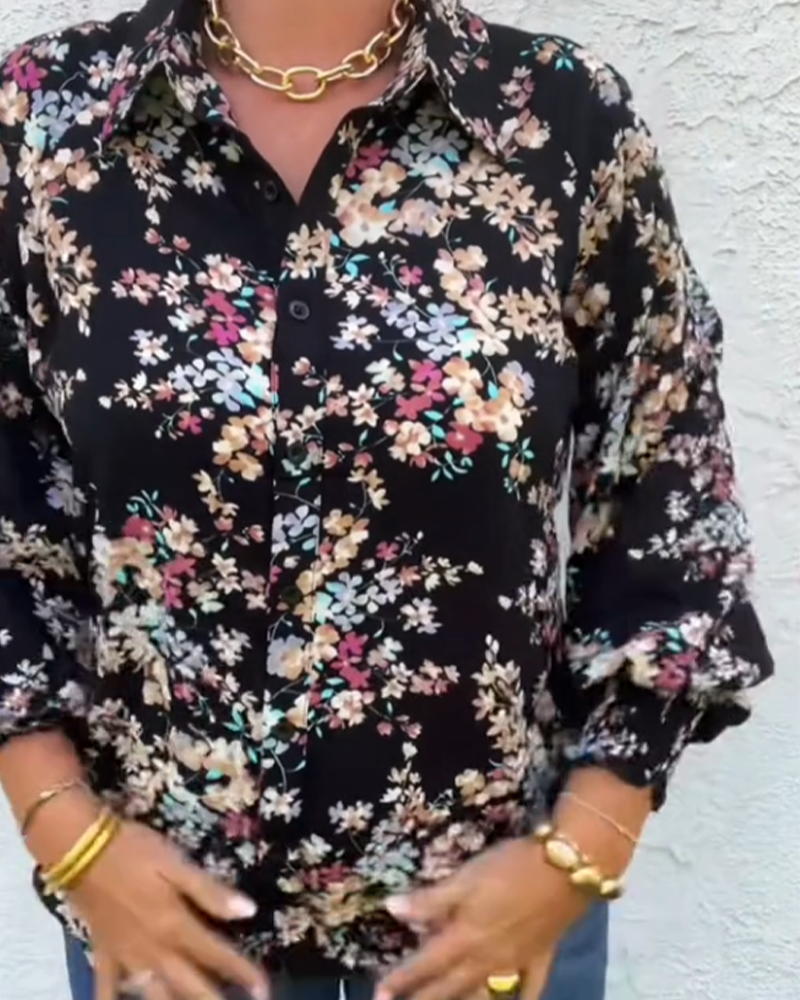 Retro Button and Floral Prints Blouse