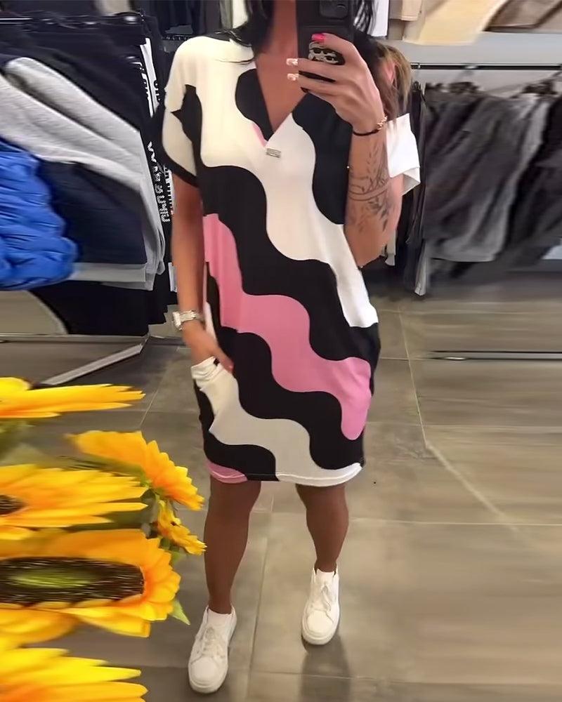 V-Neck Wave Print Dress
