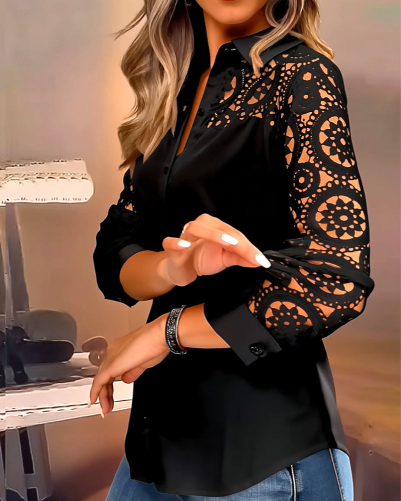 Solid Color Lapel Lace Patchwork Blouse