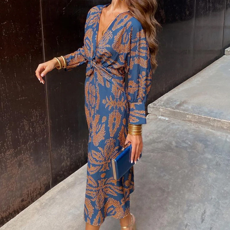 V-Neck Floral Print Pleated Twist Long Sleeve Dress