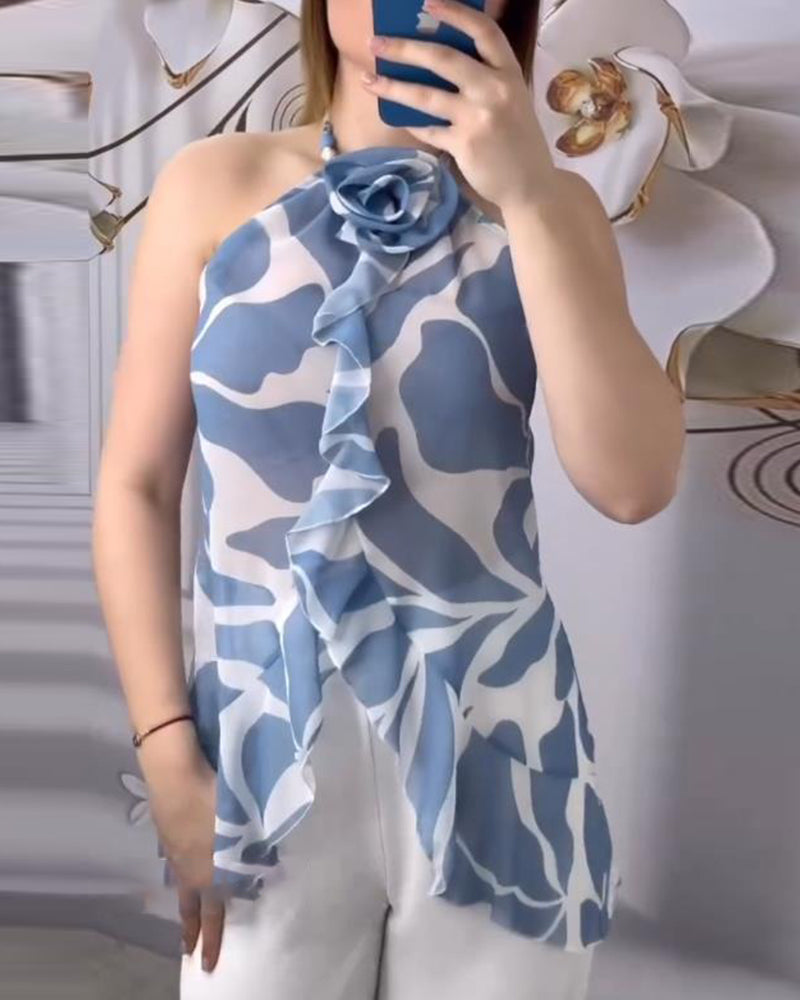 3D Rose Sleeveless Halter Neck Top