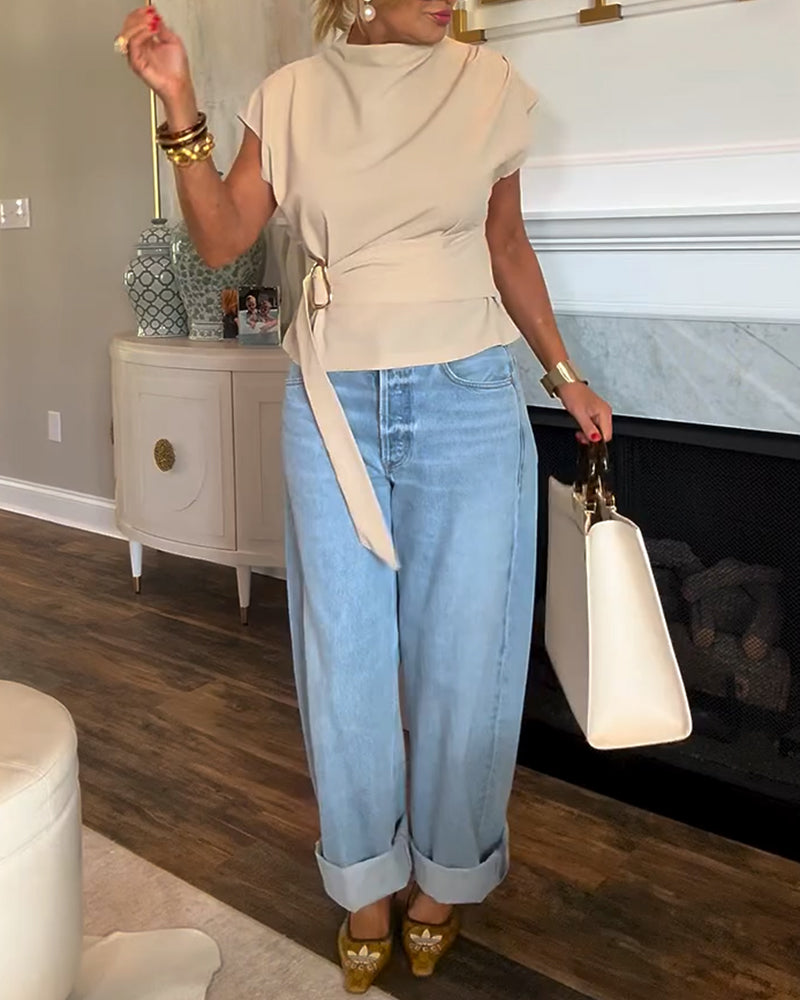 Temperament Waist Solid Color Blouse