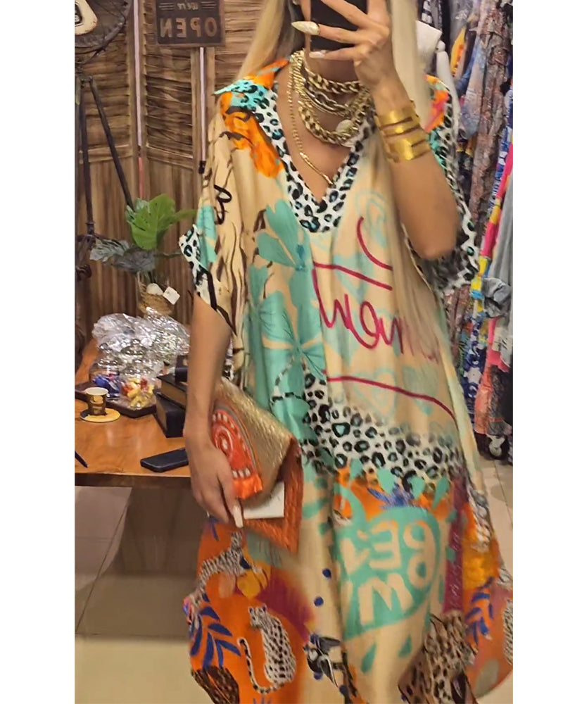 Casual leopard and colorful print deep V dress